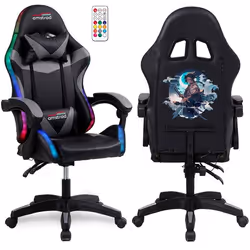 Amstrad AMS-900-LED-SAMURAI - Fauteuil gaming noir et gris - Serigraphie SAMURAI - Eclairage LED 366 effets - Télécommande