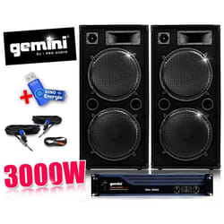Pack DJ sono AMPLI GEMINI Enceintes 2x 1000W+clé USB 32Go