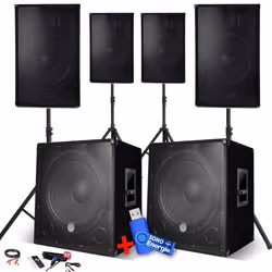Pack Sono Complet 4800W 4 Enceintes 2 Subwoofers USB/BLUETOOTH CABLE PC + Pieds Prestations SONO DJ USB 32go inclus