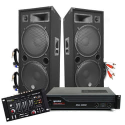PACK ENCEINTES GEANTES AVEC AMPLI - 2x15/38cm 4000W bassreflex BM SONIC + Ampli XGA 3000W avec Table de mixage Ibiza + CABLES