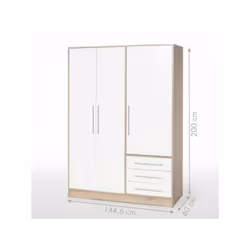 L'armoire de chambre JUPITER en bois aggloméré chene et blanc offre un design contemporain et épuré. Avec ses 3 portes et 3 t ...