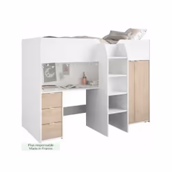 Le lit combiné mezzanine TOM est idéal pour les enfants. Il est composé d'une armoire 2 portes avec étagere et barre de pende ...