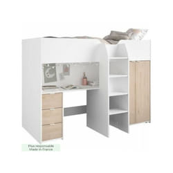 Lit combiné mezzanine enfant - tom - Blanc et chene - Armoire, bureau et sommier inclus