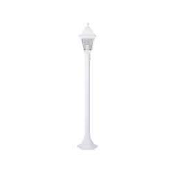 Le lampadaire extérieur NISSIE de Brilliant est en métal et verre, de couleur blanc. Il nécessite une ampoule E27 de 60W (non ...