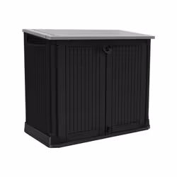 Coffre de jardin en résine 880L coloris noir et gris sans vérins avec double ouverture par le toit et les portes