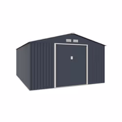 Abri de jardin en métal 15,16 m² avec kit d'ancrage inclus. Dimensions hors tout: 3,40m (L) x 4,46 m (P) x 1,62 - 2,10 m (H). ...