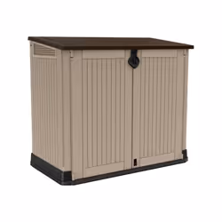 Coffre de jardin en résine 880L coloris beige et marron sans vérins avec double ouverture par le toit et les portes