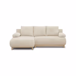 MIKA canapé d'angle gauche convertible 3 places beige avec son coffre de rangement. Style et design Japandi - Pin massif, pan ...