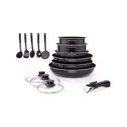 Batterie de cuisine 15 pieces en aluminium avec revetement antiadhérent sans pfoa. Tres pratique et efficace, grâce a sa poig ...
