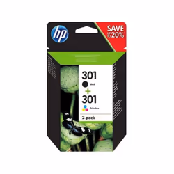 Le pack de 2 cartouches d'encre HP 301 authentiques (N9J72AE) contient une cartouche noire pigmentée et trois cartouches coul ...