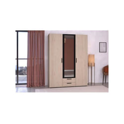 Armoire varia - Décor chene et noir - 3 portes battantes + 2 tiroirs + 1 miroir - l 150 x h 200 x p 51 cm