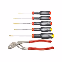 Ce coffret contient 3 tournevis fente (3,5x75 - 4x100 - 5,5x100), 2 tournevis a empreinte Phillips® (1x100 - 2x125) et 1 pinc ...