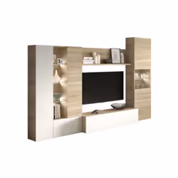 Grand Meuble de séjour TV comprenant 4 éléments: un grand meuble de rangement 3 portes 4 tablettes bois, avec un élément cent ...