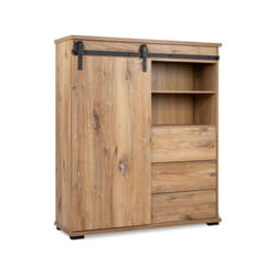 Buffet manzano - Décor Chene Flagstaff - 1 Porte coulissante + 3 tiroirs + 2 niches - L120 x H140 x P40 cm