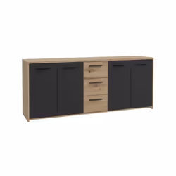 Buffet PILVI - Décor chene artisan et noir - 4 portes + 3 tiroirs Dimensions totales L179,2 x P42 x H74,5 cm - poignées en pl ...