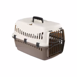 Box de transport Expedition pour chien KERBL en PVC de haute qualité. Dimensions : 48 x 32 x 32 cm. Coloris creme et taupe, a ...