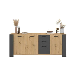 Buffet LOFT - Décor chene artisan et mélamine gris ombre - 3 portes et 3 tiroirs - L 220 x P 52 x H 86.5 cm - PARISOT