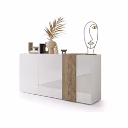 Buffet VENEZIA 3 Portes Blanc laqué brillant et chene Cadiz: L181xP44xH84 cm- style contemporain /Design - La collection VENE ...