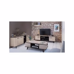 Ensemble WAYNE en panneaux de particules 15,18 et 22 mm de coloris chene brossé et mélamine noir mat composé : Enfilade 3 por ...