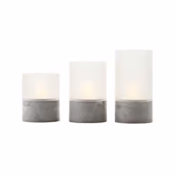 BOUGIE lot de 3 lampes a poser LED 2500K, gris/blanc mat, plastique/verre H:10cm / H:12,5cm / H:15cm IP44
