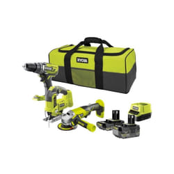 Ryobi - 3 outils : 1 perceuse-visseuse R18DD3 + 1 meuleuse 115 mm + 1 scie sauteuse + 2 batteries 4 Ah & 2 Ah + 1 chargeur & 1 sac