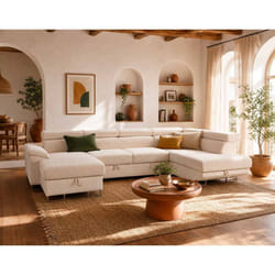Best Mobilier Baoji - Canapé panoramique dangle droit 7 places convertible avec têtières et coffre en velours côtelé - Beige
