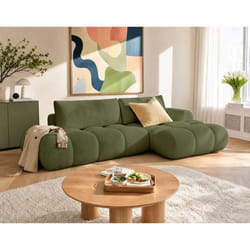 Yulin - Canapé dangle ouvert droit 4 places convertible avec coffre en tissu bouclette - Vert