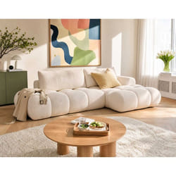 Yulin - Canapé dangle ouvert droit 4 places convertible avec coffre en tissu bouclette - Beige