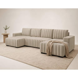 Lazare - Canapé panoramique en U 7 places convertible avec coffre en velours - Beige