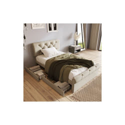 Lit simple avec 2 tiroirs, rembourré 90x200cm, tête de lit réglable en hauteur, Chesterfield