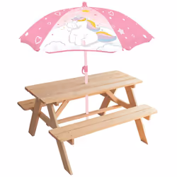 Table en Bois pour Pique-Nique avec Parasol Licorne Coloris Table : Beige Coloris Parasol : Blanc et Rose Cette table pique-n ...