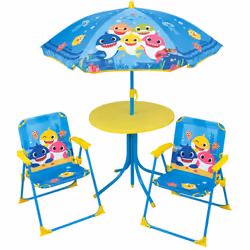 Salon de Jardin Baby Shark incluant 1 Table Ronde, 2 Chaises, 1 Parasol pour enfant Votre enfant sera ravi de s'installer à l ...