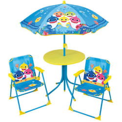 Cijep - fun house Baby Shark Salon de jardin - 1 table H.46xø46 cm, 2 chaises H.53xl.38,5xP.37,5 cm et 1 parasol H.125 x ø100 cm