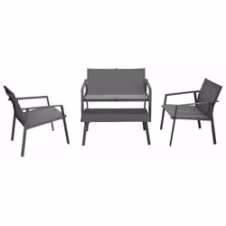 Structure en aluminium époxy Comprenant : 1 table basse L 143 l x 50 x H 35 cm 1 canapé 2 places L 143 x l 79 x H 66 cm 2 fau ...
