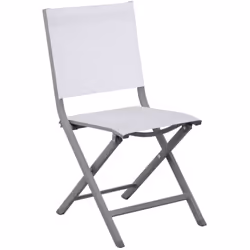La chaise pliante Thema en aluminium epoxy gris et toile TPEP chinée blanche combine élégance et fonctionnalité. Elle est idé ...