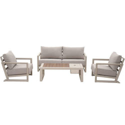 Salon bas de jardin - Proloisirs - Perth - Crème / chêne - Set 4 pièces ( Canapé + fauteuils + table) - Aluminium époxy - Coussins