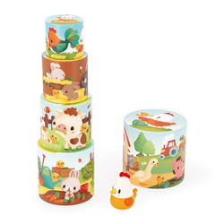 Ma Première Pyramide - Animaux de la Ferme - Jouet dÉveil - 5 Cubes à Empiler + 1 Poule en Bois - Dès 12 Mois