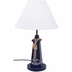 Lampe phare maritime bleu 48 cm Pied en bois aspect vieilli - Cordage - Abat jour en polyester blanc Dimensions : Hauteur 48 ...