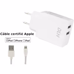 DLH CHARGEUR SECTEUR 2 PORTS USB 12W AVEC CABLE APPLE LIGHTNING MFI POUR IPHONE ET IPAD, Intérieure, Secteur, 2,4 A, 1 m, Bla ...