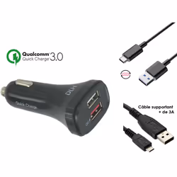 DLH CHARGEUR VOITURE USB-A QUICK CHARGE 3.0 LIVRE AVEC CABLE USB-C ET CABLE MICRO USB. 2 Ports USB dont 1 port QC Qualcomm 3.0.