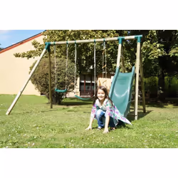Chalet &amp; Jardin Portique NAVAJOS - Toboggan + 2 Balancoires + 1 Echelle - Tissu Rouge, Bois, 50 kg, Rouge, Bois