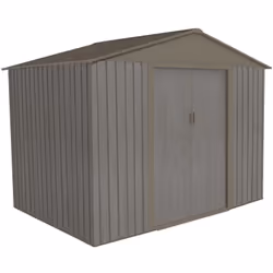 Description générale Abri de jardin en métal au design moderne avec un aspect bois vieilli, idéal pour le rangement de matéri ...