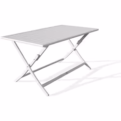 Table de jardin pliante en aluminium gris. DIMENSIONS Table : L 140 x l 80 x H 73 cm Table pliée : L 140 x l 19 x H 103.5 cm