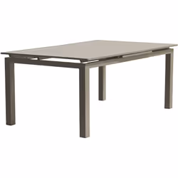Table de jardin en aluminium taupe avec plateau en lames aluminium. Equipée d'une rallonge automatique. DIMENSIONS L 180/240  ...