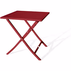 Table de jardin pliante en aluminium rouge carmin. DIMENSIONS Table : L 70 x l 70 x H 73 cm Table pliée : L 70 x l 20 x H 100 ...