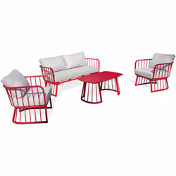 Salon de jardin 4 places en aluminium framboise, composé d'un canapé 2 places, de 2 fauteuils et d'une table basse. Coussins  ...