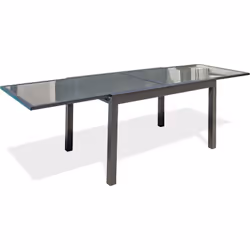 Table de jardin en aluminium gris anthracite avec plateau verre et rallonge intégrée, discrète et astucieuse. DIMENSIONS L 13 ...