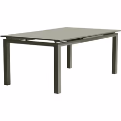 Description générale Table de jardin rectangulaire en aluminium de couleur kaki, équipée d'une rallonge automatique pour s'ad ...