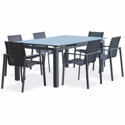 Ensemble repas de jardin en aluminium gris anthracite composé d'une table í rallonge automatique et de 6 fauteuils empilables ...