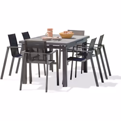 Ensemble repas de jardin en aluminium gris anthracite, composé d'une table à rallonge automatique avec plateau céramique aspe ...